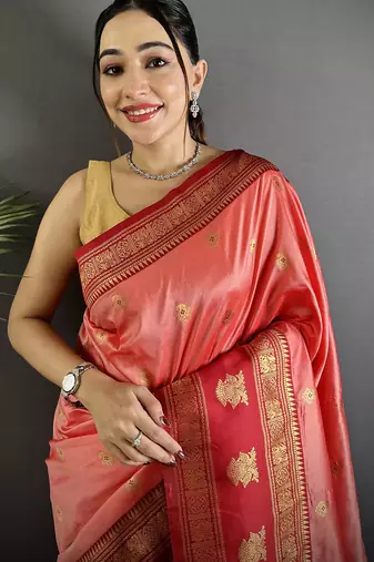 peach soft silk blend banarasi zari woven butti weaving saree