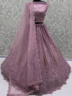 pink dori embroidered net lehenga set choli with dupatta 6