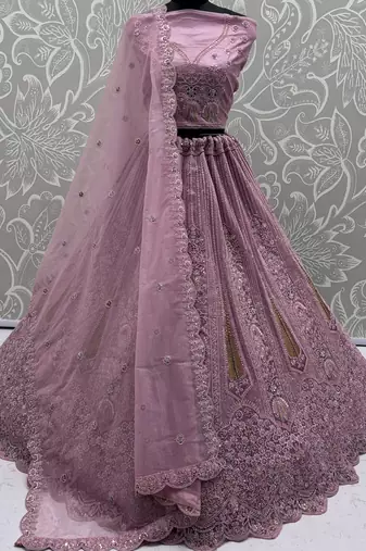 pink dori embroidered net lehenga set choli with dupatta