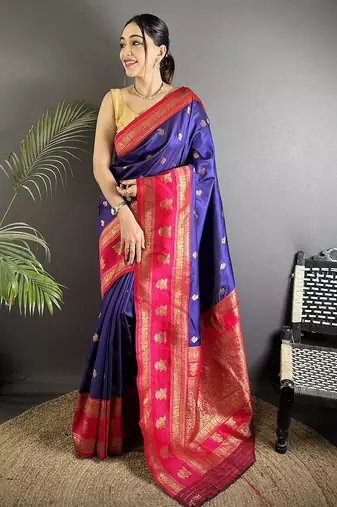 navy blue soft silk blend banarasi zari woven butti weaving saree