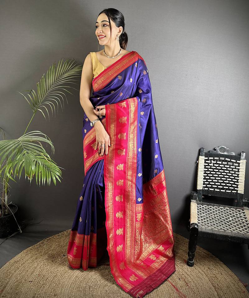navy blue soft silk blend banarasi zari woven butti weaving saree