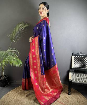 navy blue soft silk blend banarasi zari woven butti weaving saree 2