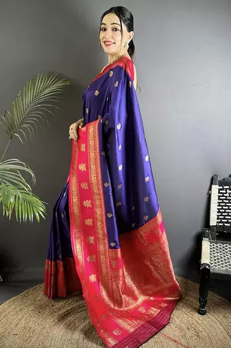 navy blue soft silk blend banarasi zari woven butti weaving saree