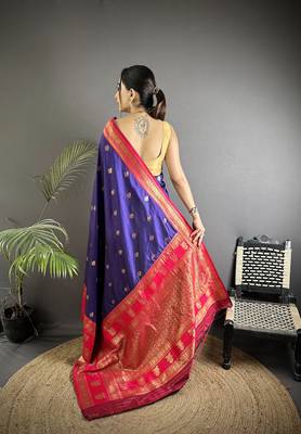 navy blue soft silk blend banarasi zari woven butti weaving saree 3