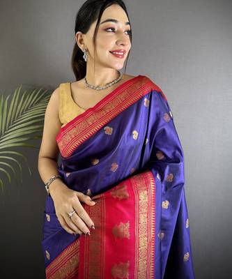 navy blue soft silk blend banarasi zari woven butti weaving saree 4