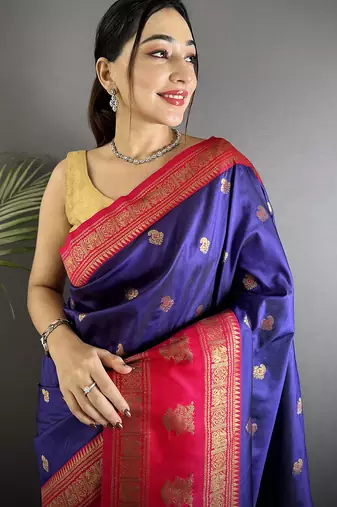 navy blue soft silk blend banarasi zari woven butti weaving saree