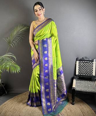 parrot green soft silk blend banarasi zari woven butti weaving saree 1