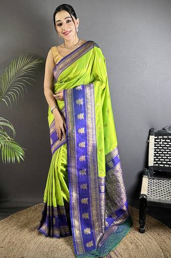 parrot green soft silk blend banarasi zari woven butti weaving saree