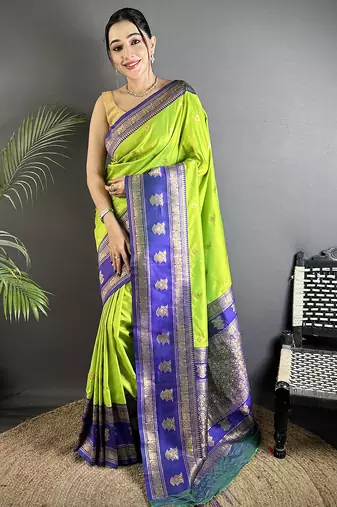 parrot green soft silk blend banarasi zari woven butti weaving saree