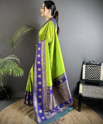 parrot green soft silk blend banarasi zari woven butti weaving saree 2