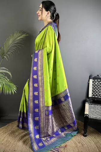 parrot green soft silk blend banarasi zari woven butti weaving saree