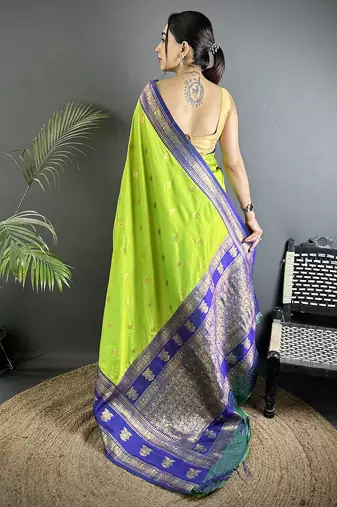 parrot green soft silk blend banarasi zari woven butti weaving saree