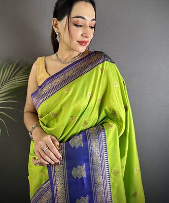 parrot green soft silk blend banarasi zari woven butti weaving saree 4