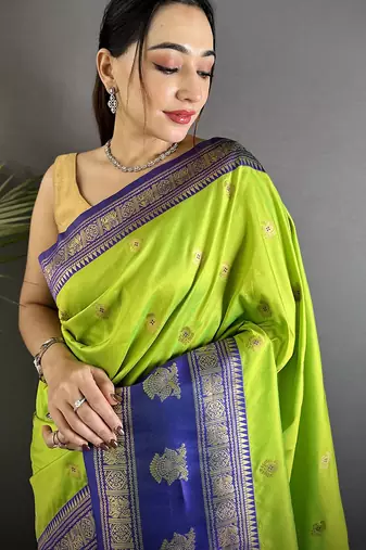 parrot green soft silk blend banarasi zari woven butti weaving saree
