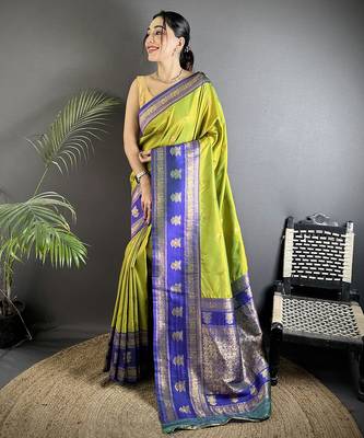green soft silk blend banarasi zari woven butti weaving saree 1