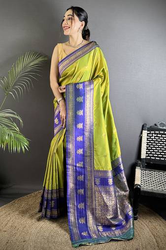 green soft silk blend banarasi zari woven butti weaving saree