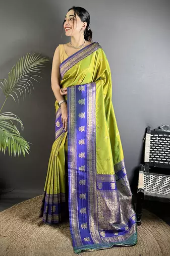 green soft silk blend banarasi zari woven butti weaving saree
