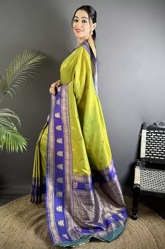 green soft silk blend banarasi zari woven butti weaving saree