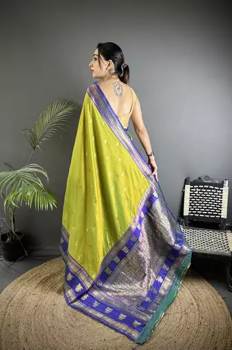 green soft silk blend banarasi zari woven butti weaving saree