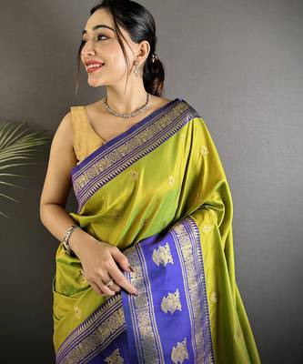 green soft silk blend banarasi zari woven butti weaving saree 4