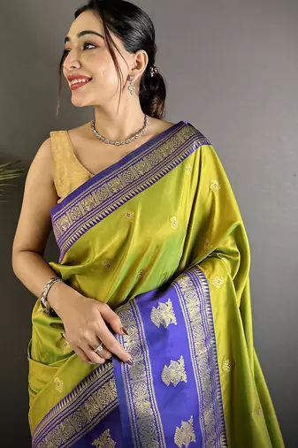 green soft silk blend banarasi zari woven butti weaving saree