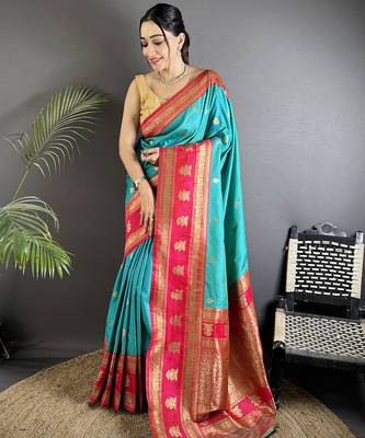 sea green soft silk blend banarasi zari woven butti weaving saree 1