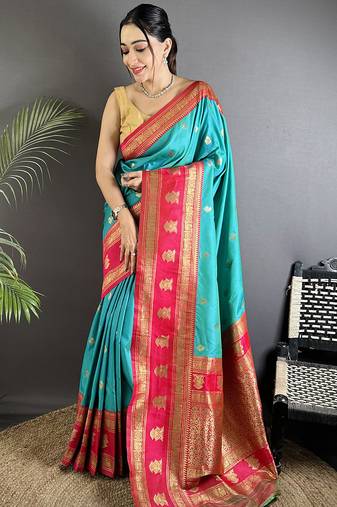 sea green soft silk blend banarasi zari woven butti weaving saree