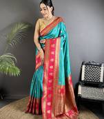 sea green soft silk blend banarasi zari woven butti weaving saree