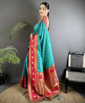 sea green soft silk blend banarasi zari woven butti weaving saree 2