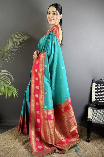 sea green soft silk blend banarasi zari woven butti weaving saree