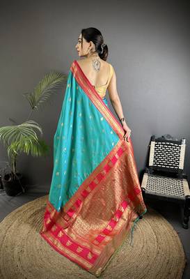 sea green soft silk blend banarasi zari woven butti weaving saree 3