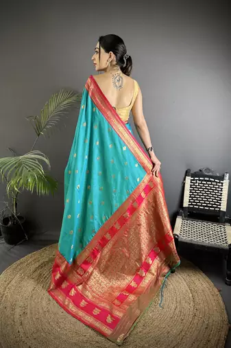 sea green soft silk blend banarasi zari woven butti weaving saree