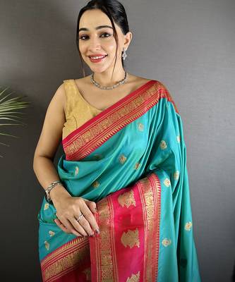 sea green soft silk blend banarasi zari woven butti weaving saree 4