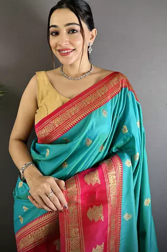 sea green soft silk blend banarasi zari woven butti weaving saree
