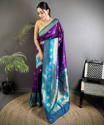 purple soft silk blend banarasi zari woven butti weaving saree 1