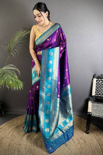 purple soft silk blend banarasi zari woven butti weaving saree