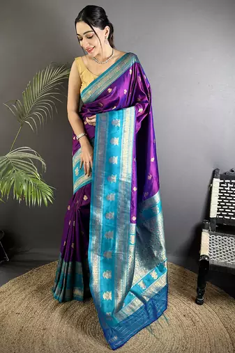 purple soft silk blend banarasi zari woven butti weaving saree