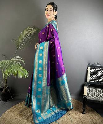 purple soft silk blend banarasi zari woven butti weaving saree 2