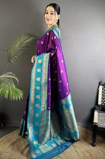 purple soft silk blend banarasi zari woven butti weaving saree