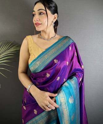 purple soft silk blend banarasi zari woven butti weaving saree 4