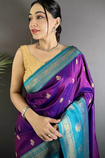 purple soft silk blend banarasi zari woven butti weaving saree