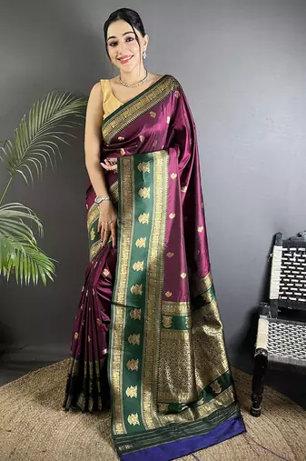 wine soft silk blend banarasi zari woven butti weaving saree