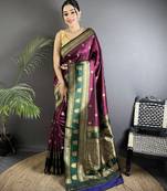 wine soft silk blend banarasi zari woven butti weaving saree