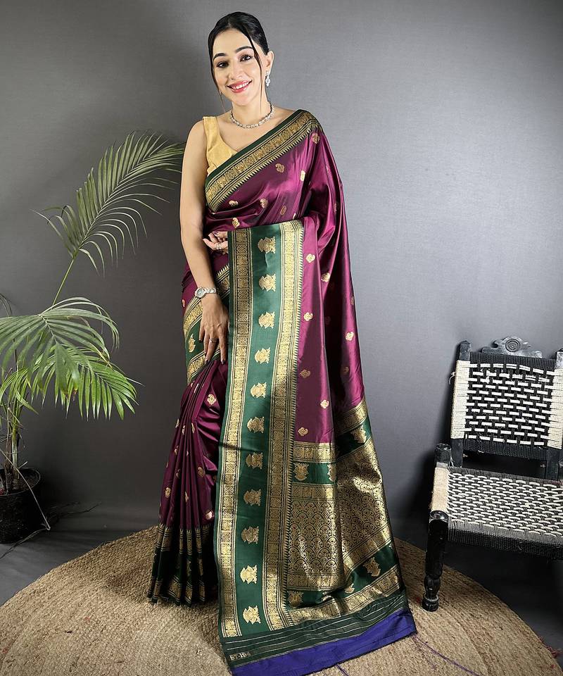 wine soft silk blend banarasi zari woven butti weaving saree