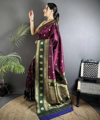 wine soft silk blend banarasi zari woven butti weaving saree 2