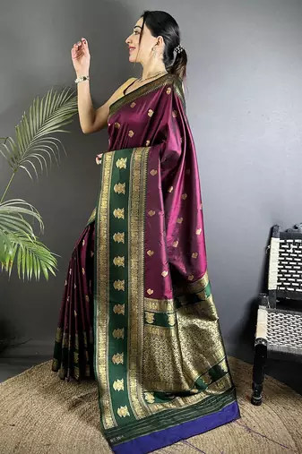 wine soft silk blend banarasi zari woven butti weaving saree