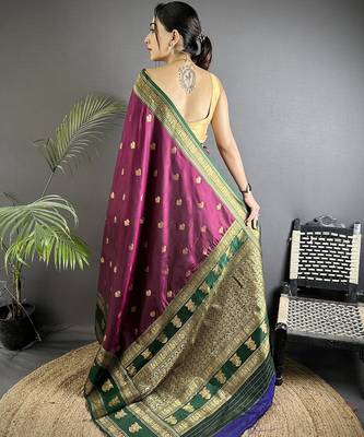 wine soft silk blend banarasi zari woven butti weaving saree 3
