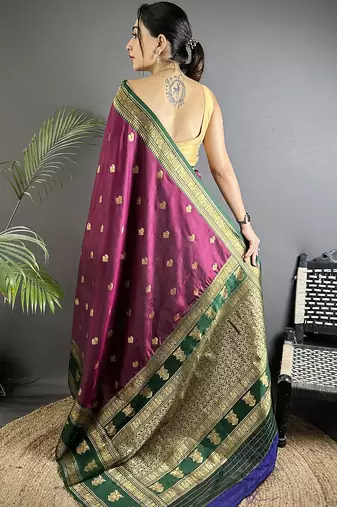 wine soft silk blend banarasi zari woven butti weaving saree