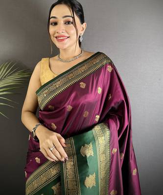 wine soft silk blend banarasi zari woven butti weaving saree 4