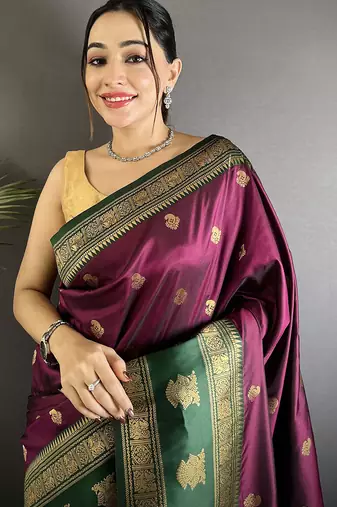 wine soft silk blend banarasi zari woven butti weaving saree